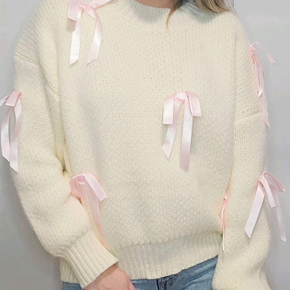 Pink Satin Ribbon Bow Detail Pullover Sweater (XS)